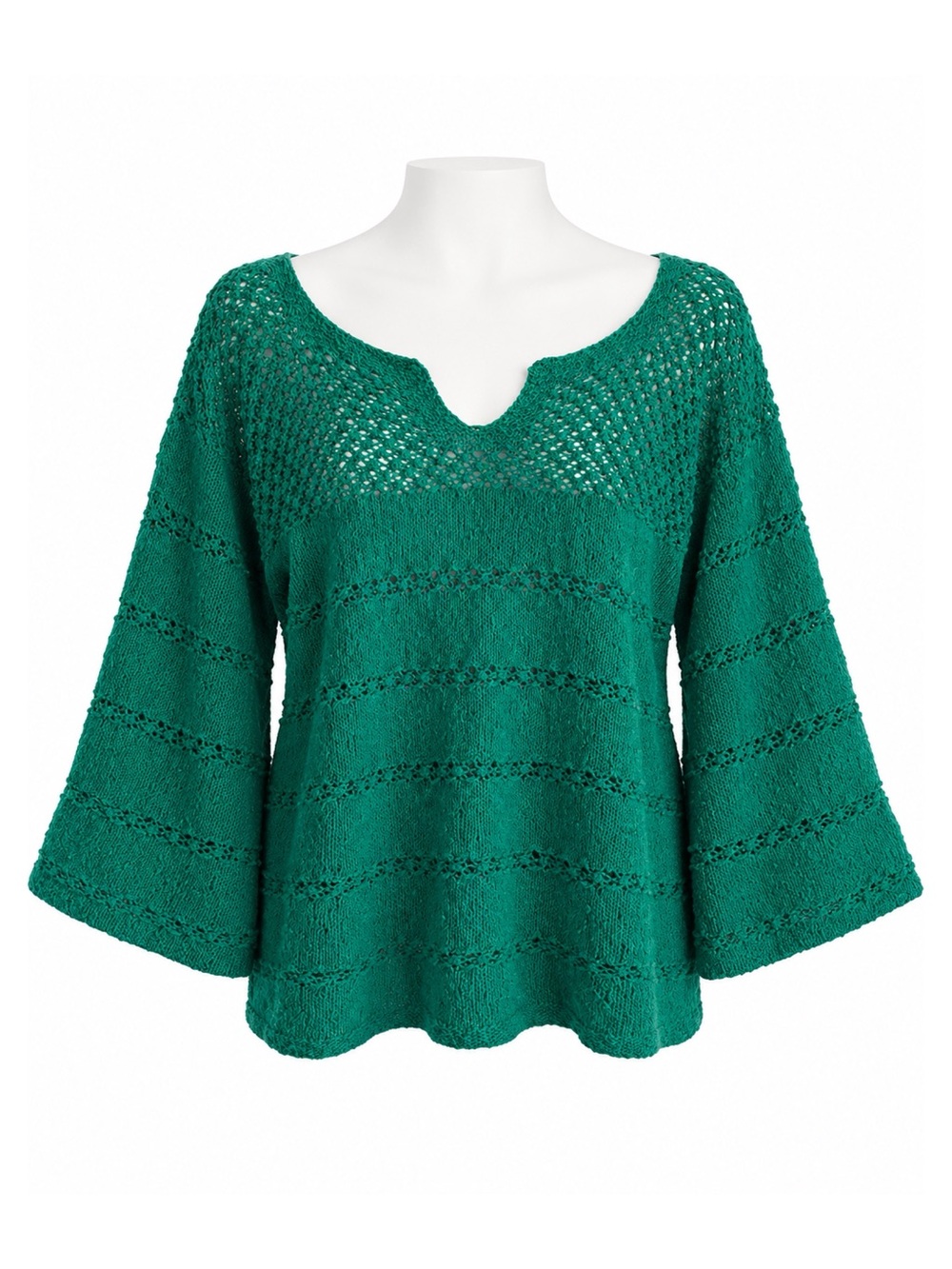 Size XL Handmade Women’s Green Hand Knit Openwork Bell Sleeve Sweater